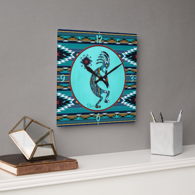Turquoise Kokopelli Large Wall Clock (Office)