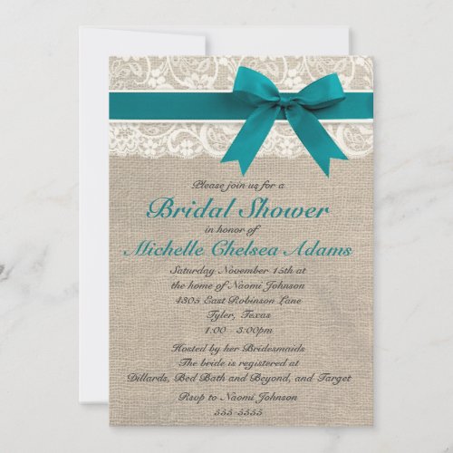 Turquoise Lace Burlap Bridal Shower Invitation