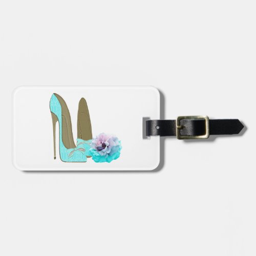 Turquoise Lace Stiletto Shoes and Rose Art Luggage Tag