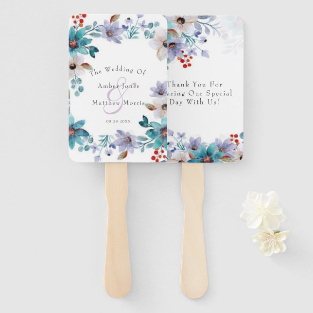 Turquoise Lavender Florals Wedding Favor Hand Fan (Front and Back)