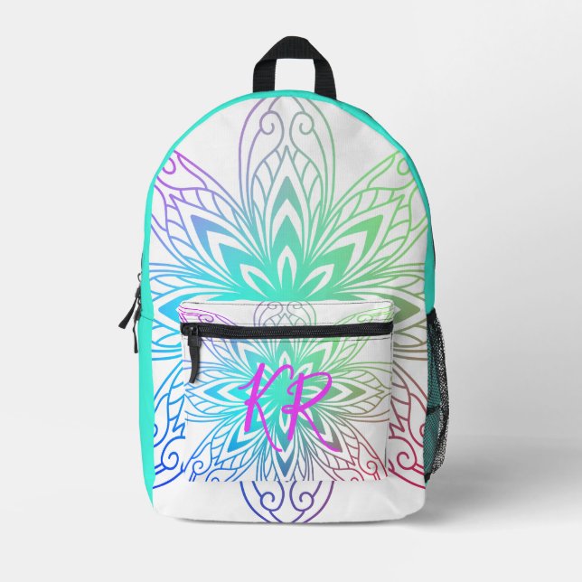Turquoise & Lavender Mandala Boho Style Initials Printed Backpack (Front)
