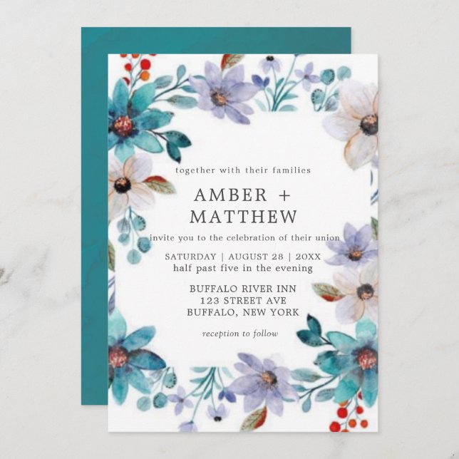 Turquoise Lavender Painted Florals Wedding Invite (Front/Back)