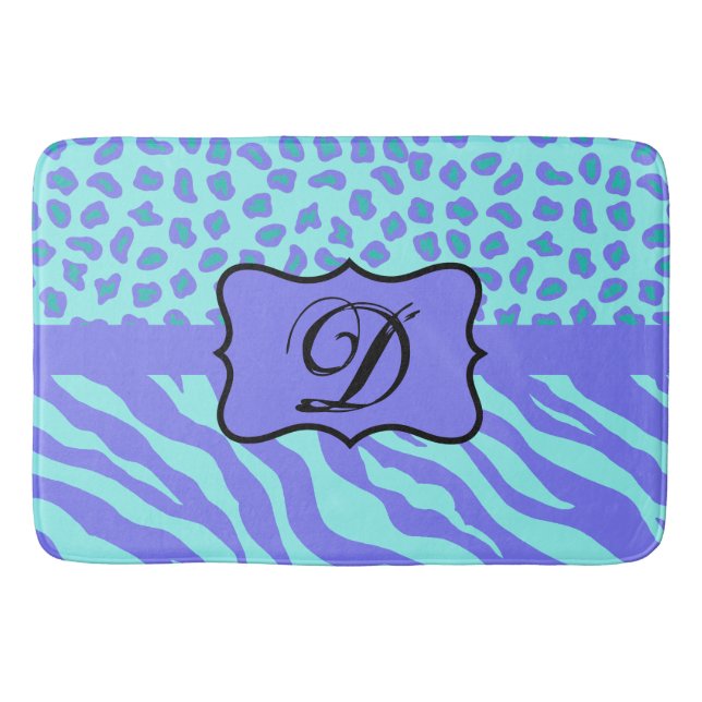 Turquoise Lavender Zebra Leopard Skin Monogram Bathroom Mat (Front)