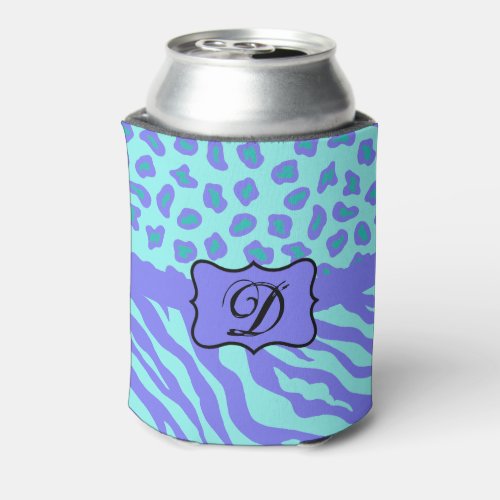 Turquoise Lavender Zebra Leopard Skin Monogram Can Cooler