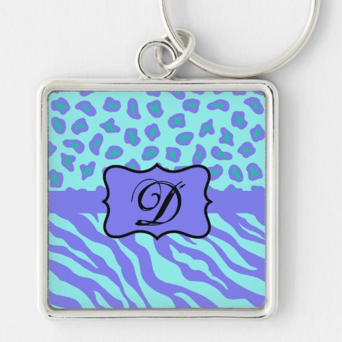 Turquoise Lavender Zebra Leopard Skin Monogram Keychain