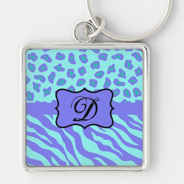Turquoise Lavender Zebra Leopard Skin Monogram Keychain (Front)