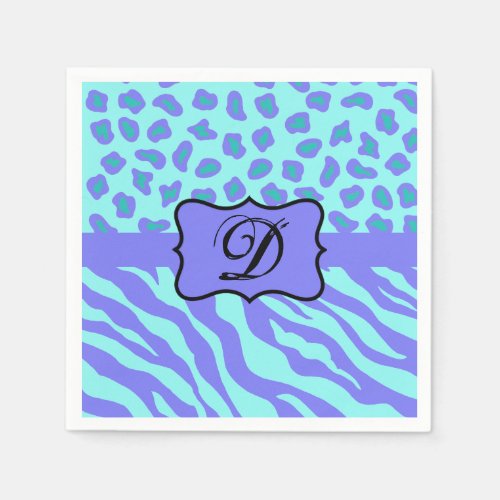 Turquoise Lavender Zebra Leopard Skin Monogram Paper Napkins