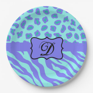 Turquoise Lavender Zebra Leopard Skin Monogram Paper Plates