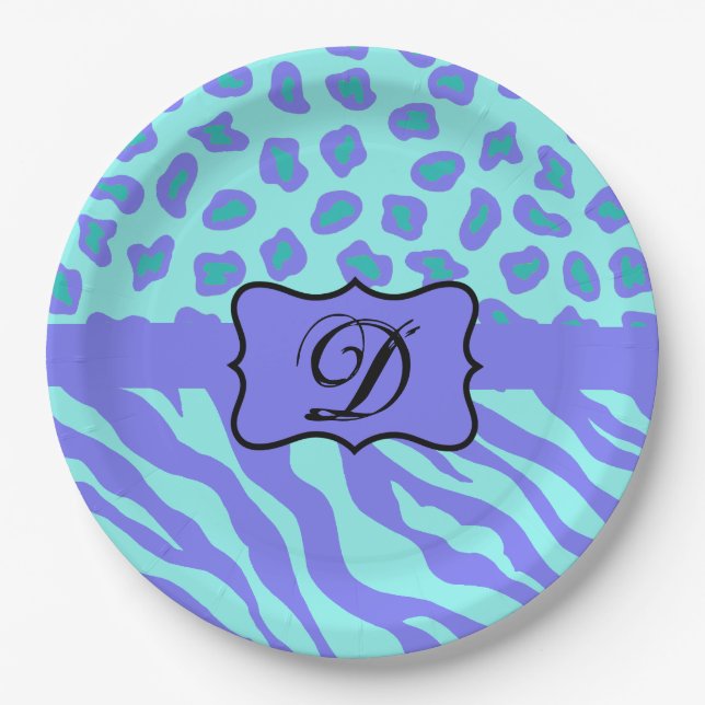 Turquoise Lavender Zebra Leopard Skin Monogram Paper Plates (Front)