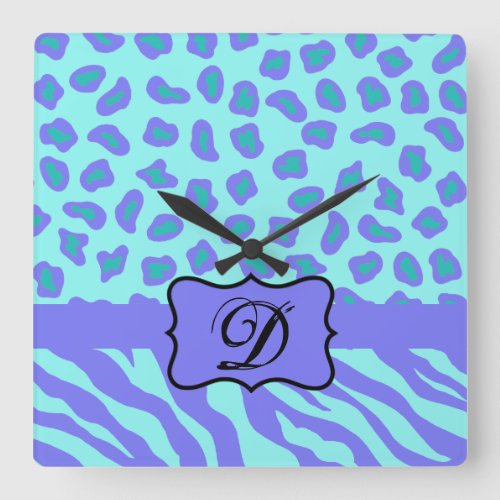 Turquoise Lavender Zebra Leopard Skin Monogram Square Wall Clock