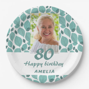 Turquoise Leaf Pattern 80th Birthday Party Photo Paper Plates