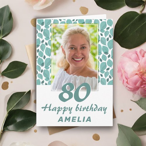 Turquoise Leaf Pattern 80th Birthday Photo Card