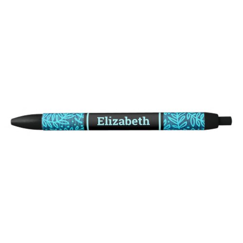 Turquoise leaf pattern custom name modern black ink pen