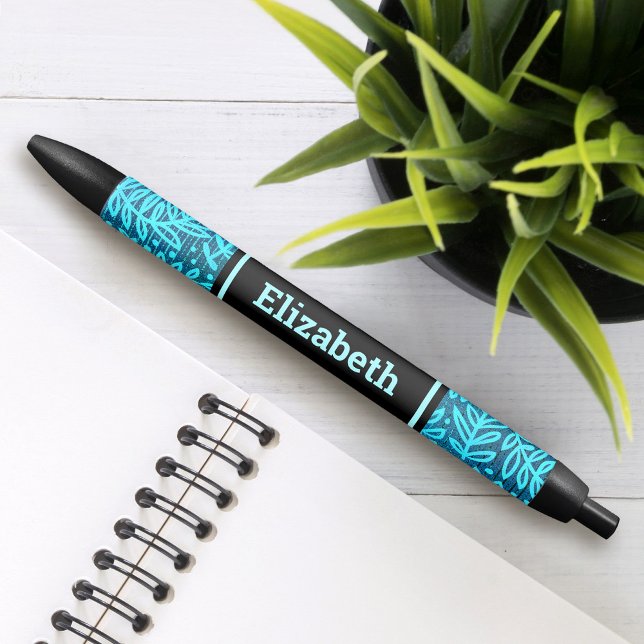 Turquoise leaf pattern custom name modern pen (Creator Uploaded)