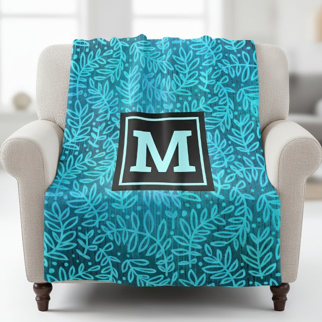 Turquoise leaf pattern foliage monogram modern fleece blanket (Creator Uploaded)