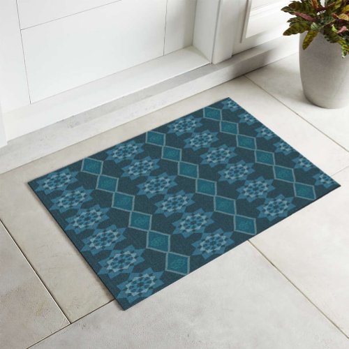 Turquoise Leafy floral Octagon and Diagonal patter Doormat