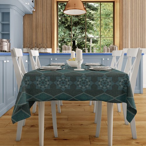 Turquoise Leafy floral Octagon and Diagonal patter Tablecloth