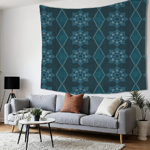 Turquoise Leafy floral Octagon and Diagonal Tapestry
