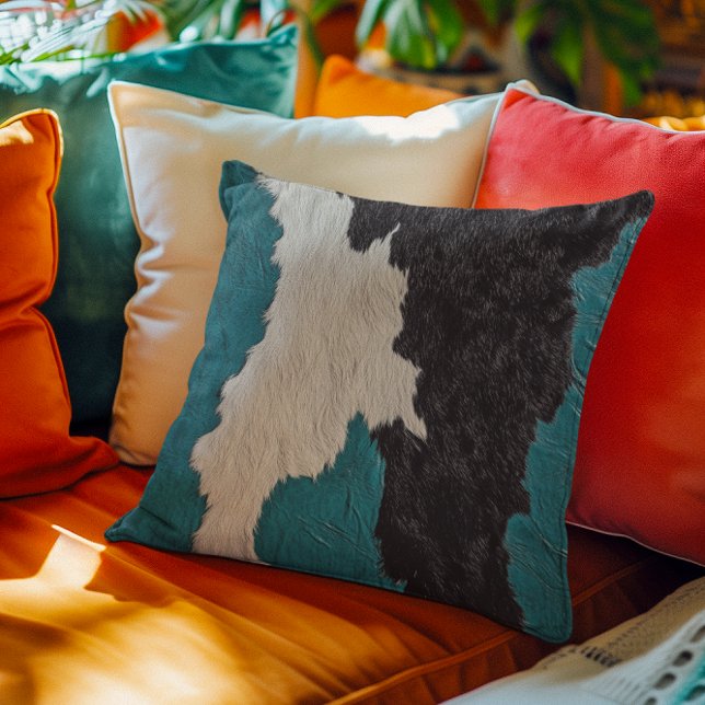 Turquoise Leather Cow Spotted Hide Image of Fur Throw Pillow (Creator Uploaded)