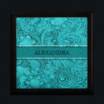 Turquoise Leather Look Embossed Flowers-Monogram Gift Box<br><div class="desc">Turquoise-green natural leather look embossed flower with custom and optional monogram. Design is available e on other products and can be requested on any product offered by Zazzle.</div>