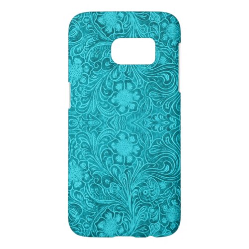 Turquoise Leather Texture Print Floral Design Samsung Galaxy S7 Case