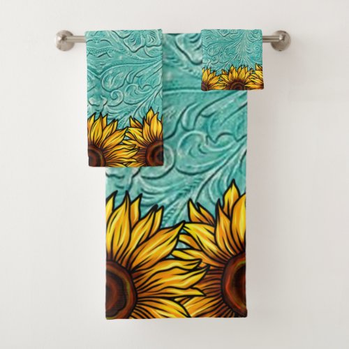 Turquoise Leather Tooled Bright Sunny Sunflowers Bath Towel Set