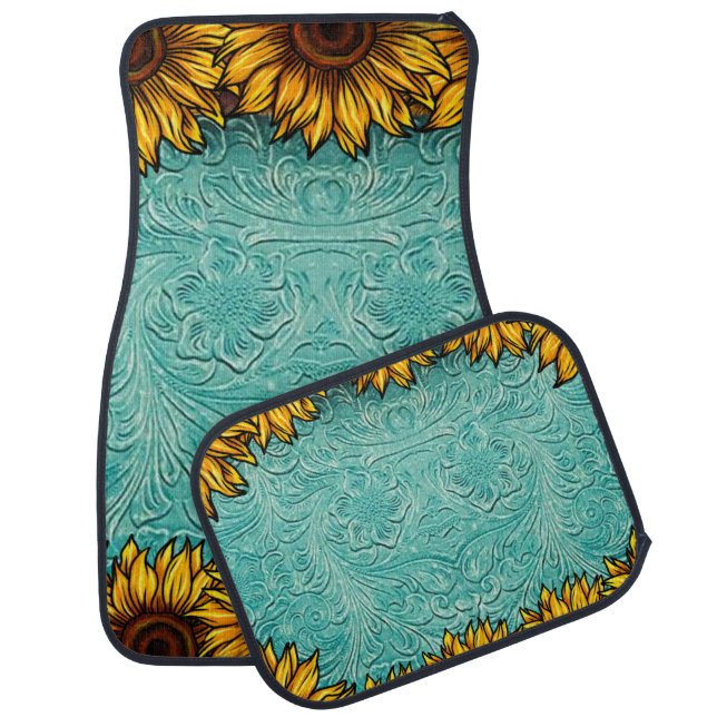 Turquoise Leather Tooled Bright Sunny Sunflowers Car Floor Mat (Set)