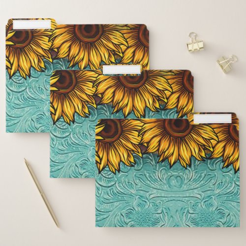 Turquoise Leather Tooled Bright Sunny Sunflowers File Folder