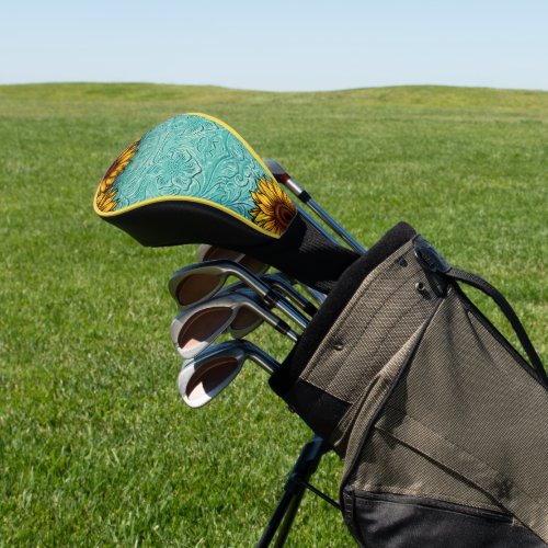 Turquoise Leather Tooled Bright Sunny Sunflowers Golf Head Cover