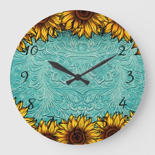 Turquoise Leather Tooled Bright Sunny Sunflowers Large Clock