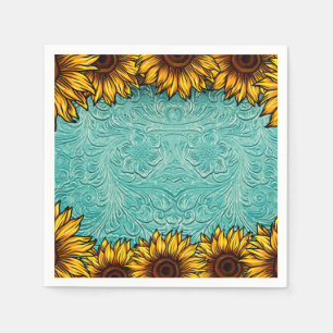Turquoise Leather Tooled Bright Sunny Sunflowers Napkins
