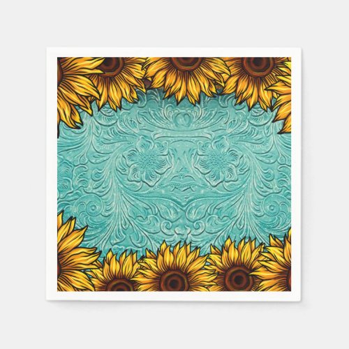 Turquoise Leather Tooled Bright Sunny Sunflowers Napkins