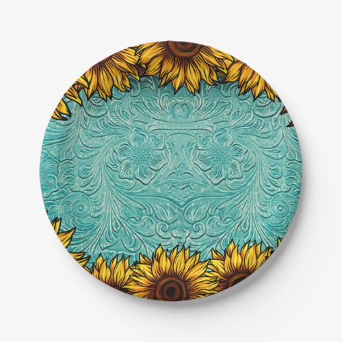 Turquoise Leather Tooled Bright Sunny Sunflowers Paper Plates