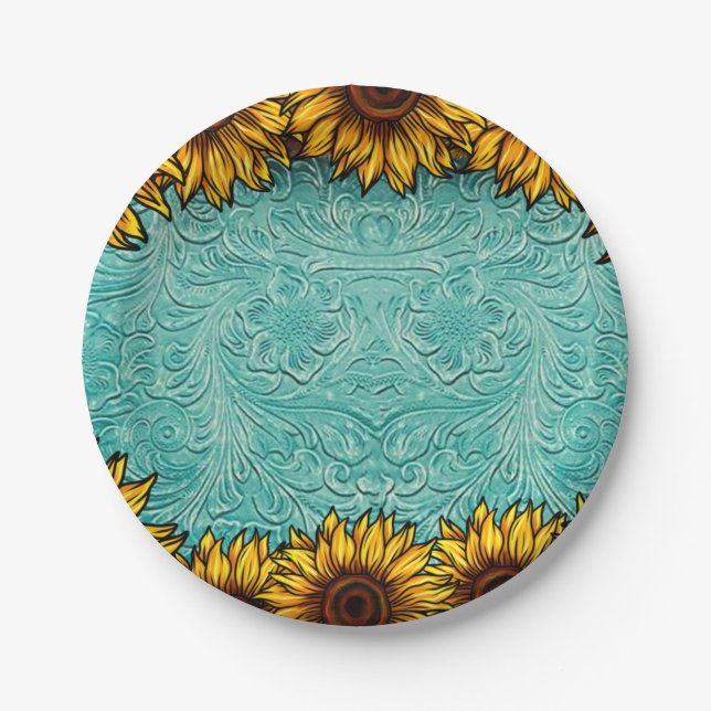 Turquoise Leather Tooled Bright Sunny Sunflowers Paper Plates (Front)
