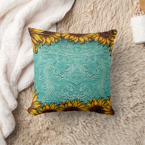 Turquoise Leather Tooled Bright Sunny Sunflowers T Throw Pillow