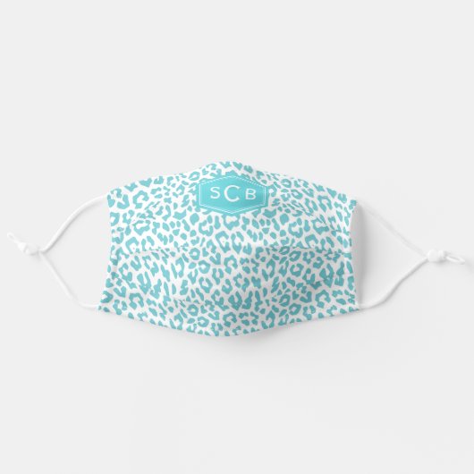 Turquoise Leopard Pattern 3 Initial Monogram Adult Cloth Face Mask (Front, Unfolded)