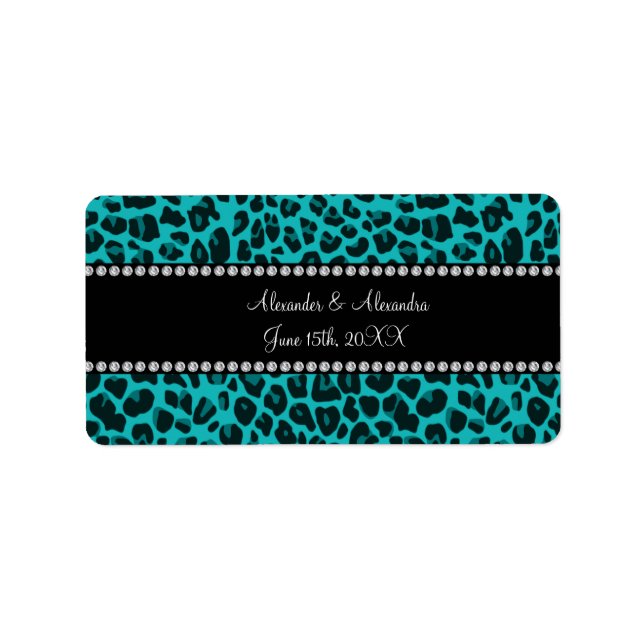 Turquoise leopard pattern wedding favors label (Front)