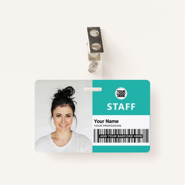 Turquoise Light Blue Business Photo Staff ID Badge (Front with Clip)