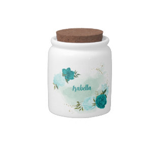 turquoise light blue flowers  candy jar