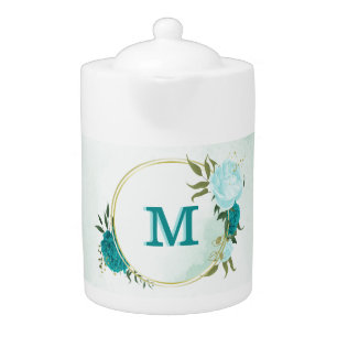 turquoise light blue flowers  teapot