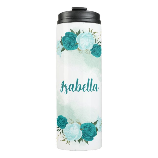 turquoise light blue flowers  thermal tumbler (Front)