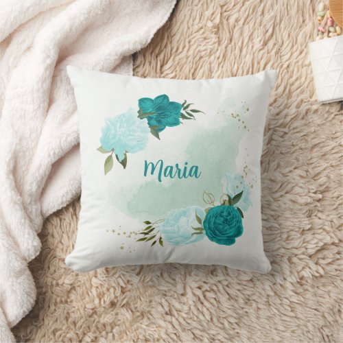 turquoise light blue flowers  throw pillow