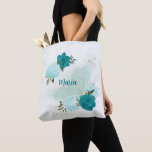 turquoise light blue flowers  tote bag<br><div class="desc">Beautiful tote bag featuring turquoise and light blue flowers and green leaves
FOR MORE MATCHING PRODUCTS click on the collection above or contact me</div>