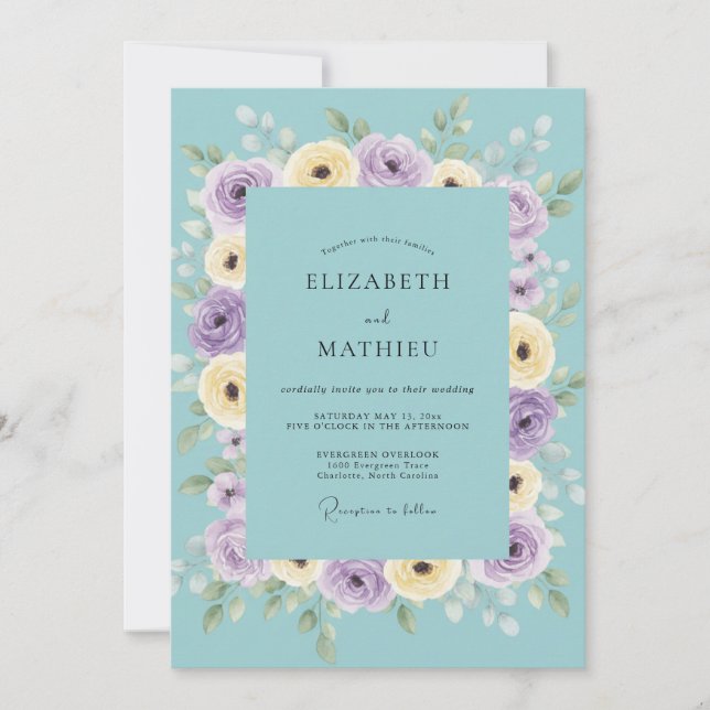 Turquoise Lilac Ranunculus Eucalyptus Wedding Invitation (Front)