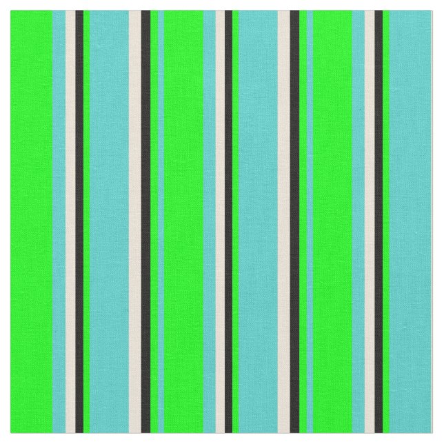 Turquoise, Lime, Black & Bisque Colored Lines Fabric (Close Up)