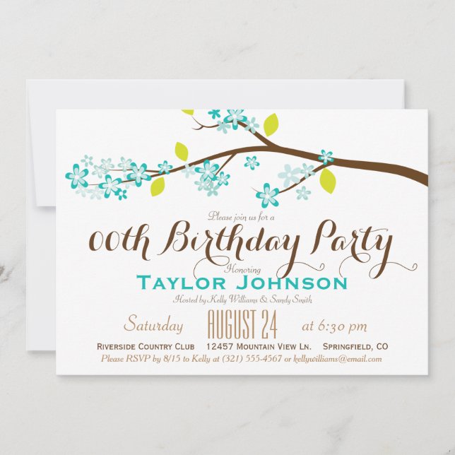 Turquoise, Lime, Brown Branch Birthday Party Invitation (Front)