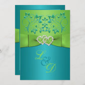 Turquoise, Lime Floral Joined Hearts Invitation (Front/Back)