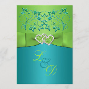 Turquoise, Lime Floral Joined Hearts Invitation