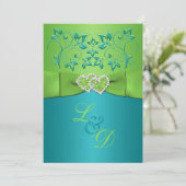 Turquoise, Lime Floral Joined Hearts Invitation (Standing Front)