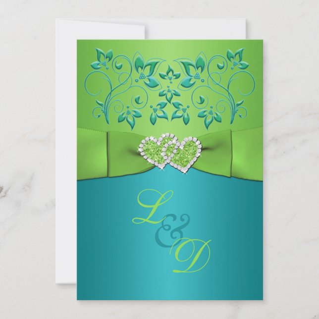 Turquoise, Lime Floral Joined Hearts Invitation (Front)